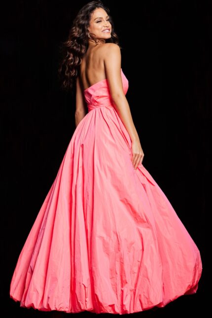 Model showing the back of Jovani 38382 pastel pink gown