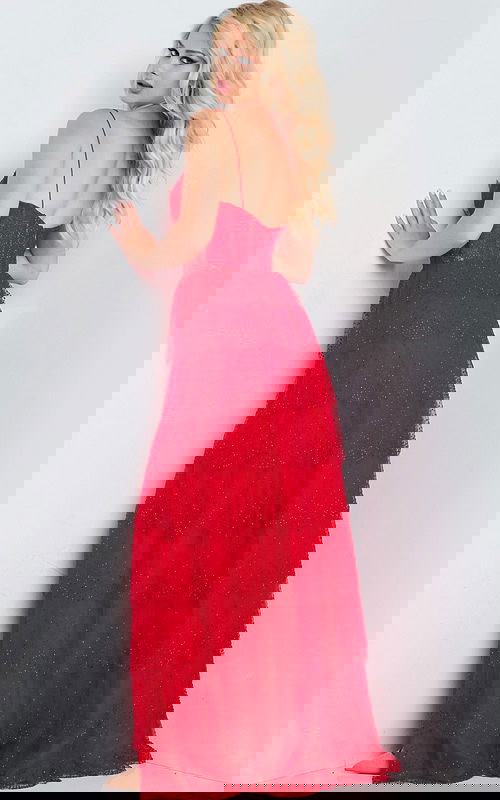 Back view of model wearing Jovani 38431 red backless gown.