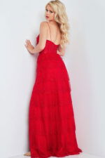 Back view of model in Jovani 38431 red dress with layered skirt.
