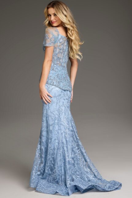 Elegant Jovani 38514 blue gown with lace and sheer sleeves, front view.