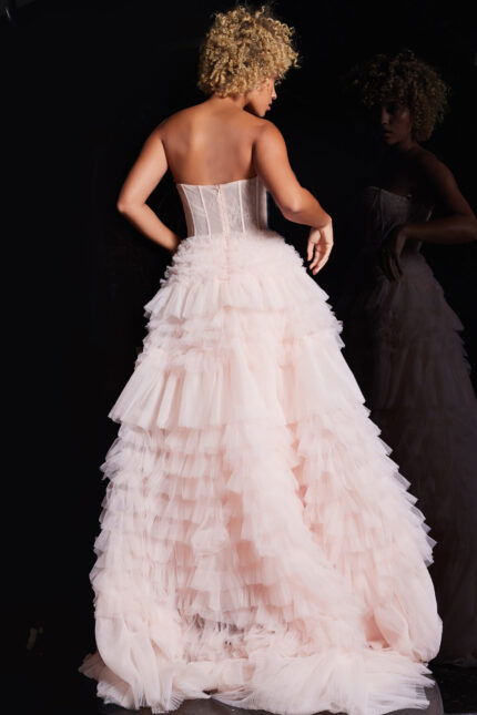 Back view of Jovani 38540 pink ball gown featuring a dramatic tulle skirt.