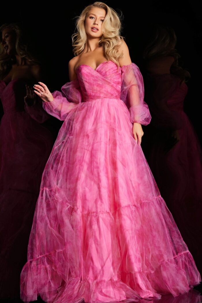 Full view of Jovani 38605, fuchsia gown featuring an off-the-shoulder neckline and soft tulle A-line silhouette.