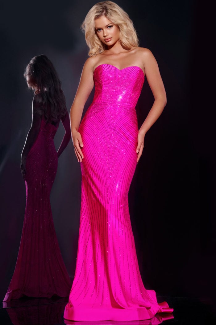 Model wearing Jovani 38655 pink strapless gown with sweetheart neckline and sequins.