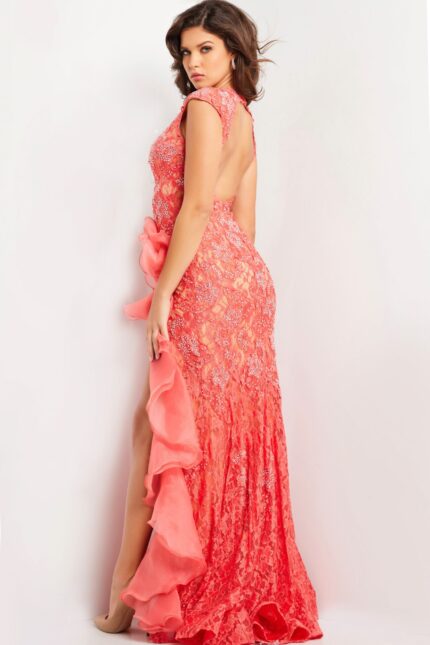 Back of Jovani 38668 coral lace dress displayed by model.