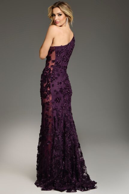Model wearing Jovani 38684 purple dress, back view