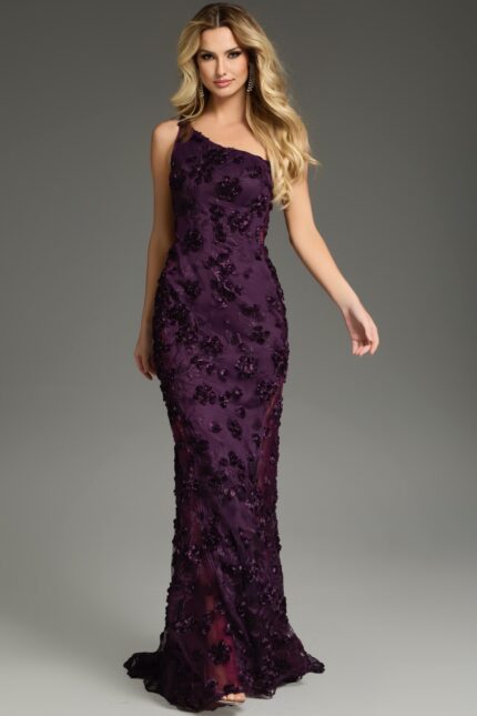 Model wearing Jovani 38684 purple dress, front view