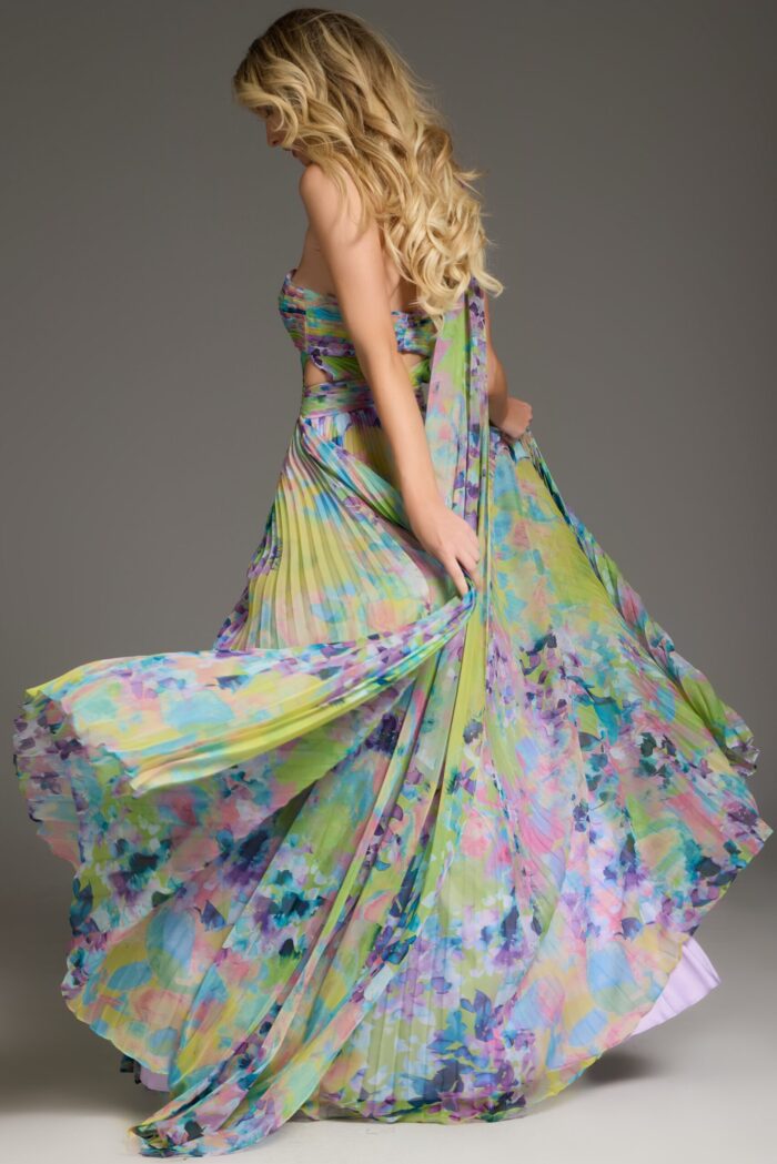 Side view of Jovani 38688, highlighting the flowing silhouette and printed design.