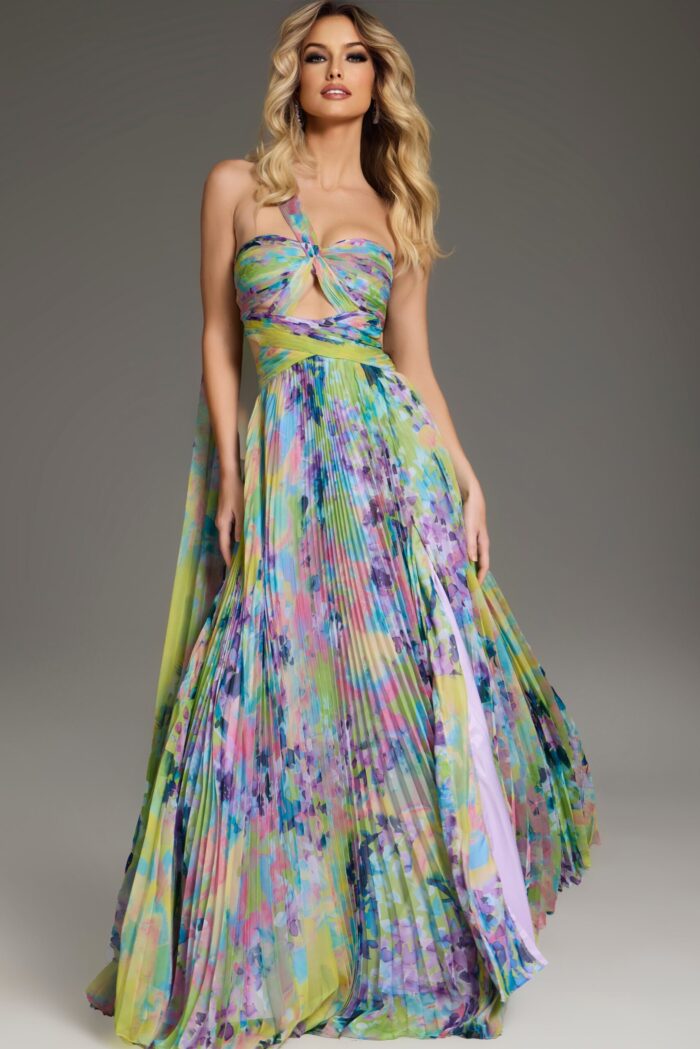 Model showcasing the front of the Jovani 38688 dress with a halter neckline and A-line skirt.