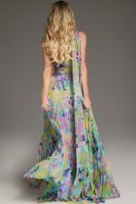 Back view of the Jovani 38688 dress showcasing the flowing printed fabric and pleats.