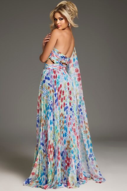 Model wearing Jovani 38689 floor-length dress with high slit