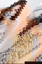 Strapless beaded gold prom dress with slit