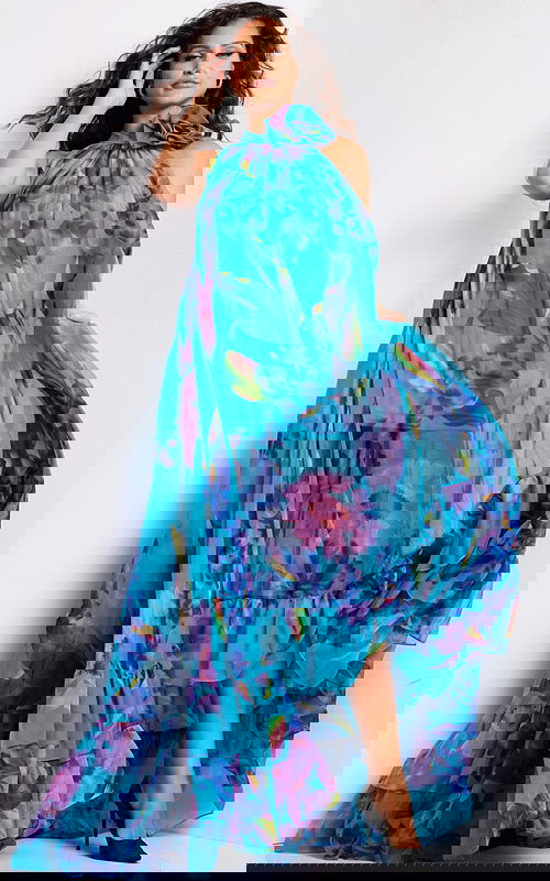 Model wearing Jovani 38721 printed dress with floral detail in vibrant hues from the front.