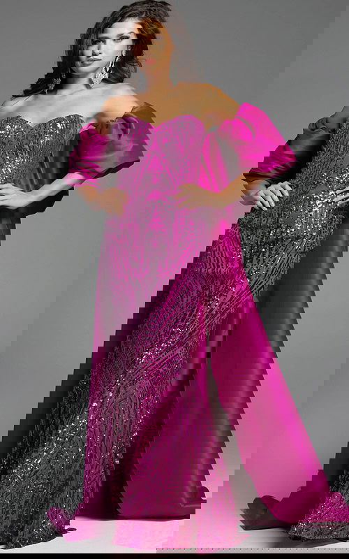 fitted embellished dress with taffeta cap in fuchsia color