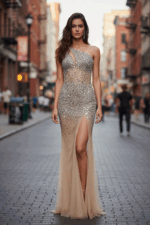 nude and silver one shoulder dress 38777