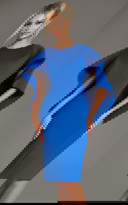 Model showcasing the front of Jovani 38824 with flutter sleeves in Royal