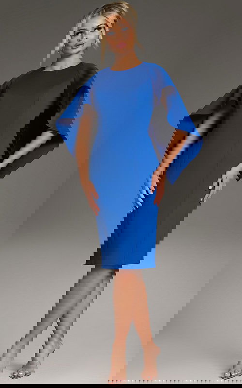 Model wearing Jovani 38824 in Royal with a sheath silhouette and flutter sleeves