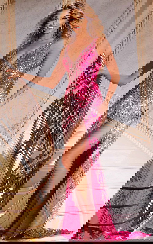 model wearing 38847 pink gown front view with beadwork