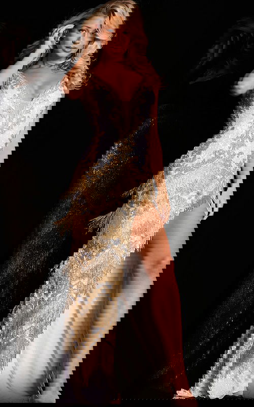 Model wearing White and Gold V Neckline Fringe Dress 38847