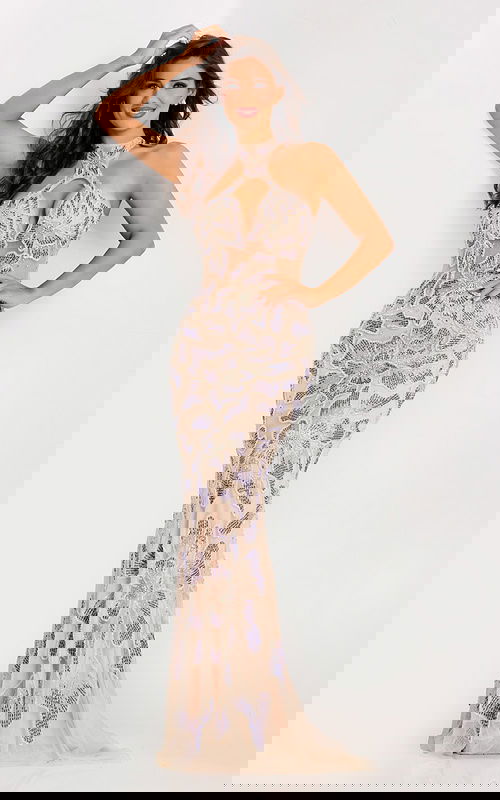 Embellished Evening Gown with Open Back