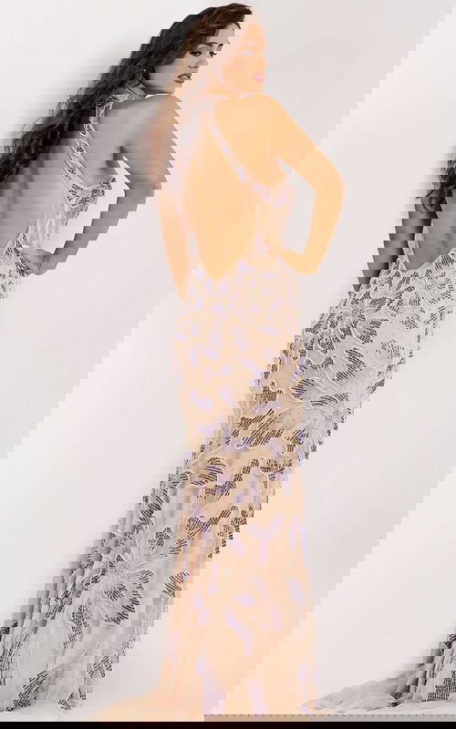 Halter embellished evening gown with floral beading and keyhole neckline