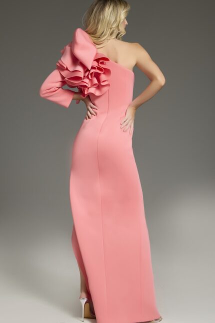 Back view of model wearing Jovani 38928 fuchsia gown with ruffled one-shoulder.