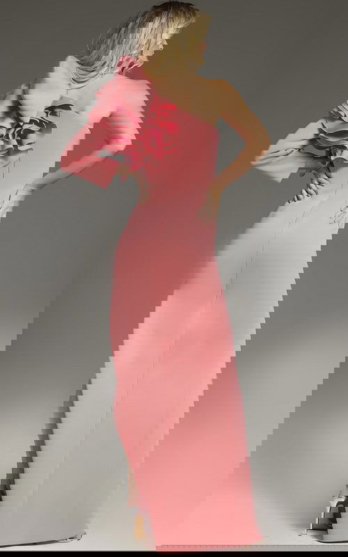 Back view of model wearing Jovani 38928 fuchsia gown with ruffled one-shoulder.