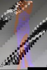 Model wearing Jovani 38951 purple dress with a high slit and open back design, front view.