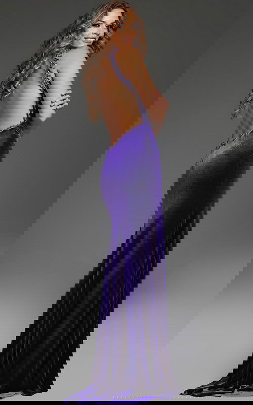 Model wearing Jovani 38951 purple gown with an open back, back view.