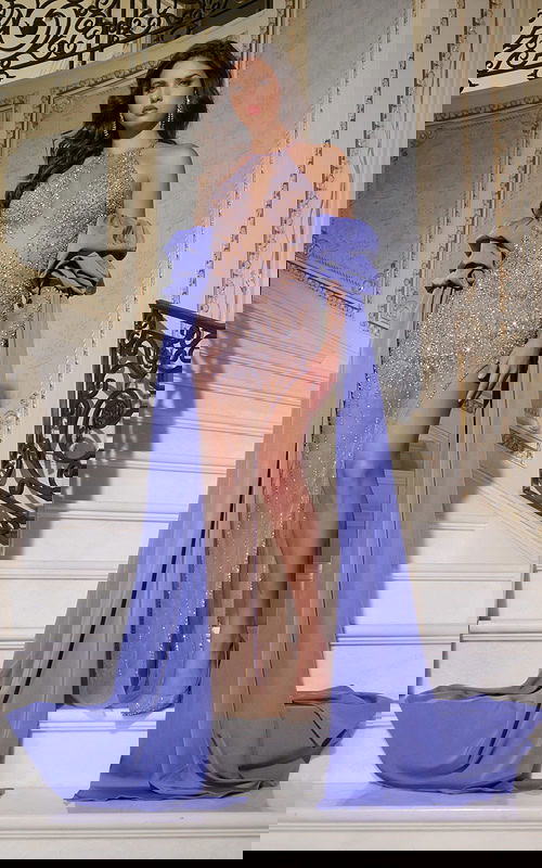 Model wearing 38956 nude gown with embellished bodice, high slit, and puff sleeves.