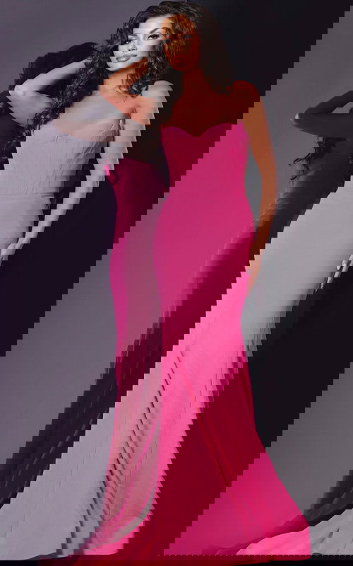 Model wearing Jovani 38974 pink mermaid gown with sweetheart neckline from the front