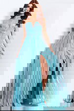 high slit blue pleated dress 39023