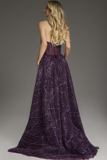 Model showing the back of Jovani 39029 purple gown with sequins, back view.