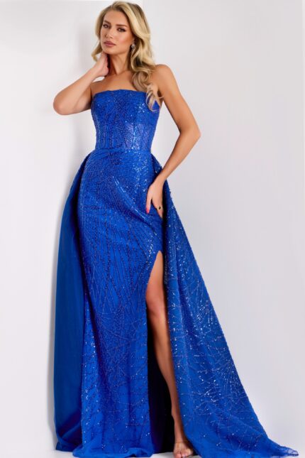 Strapless royal blue sequin dress with slit and overskirt