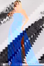 Strapless royal blue sequin dress with slit and overskirt