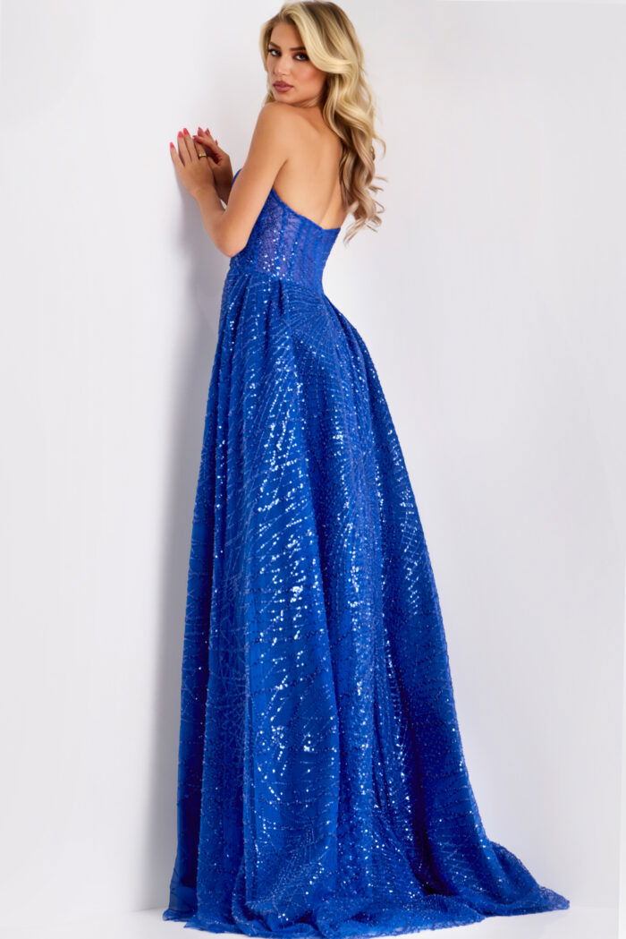 Sparkling royal gown with high slit and open back design