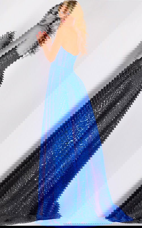 Sparkling royal gown with high slit and open back design