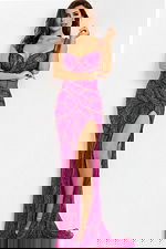 sheer beaded fuchsia dress with high slit 39039