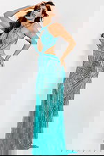 Open back halter gown with sequins