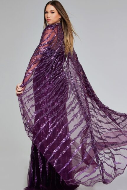 Back view of model in Jovani 39046 purple gown with sequin detailing and cape.