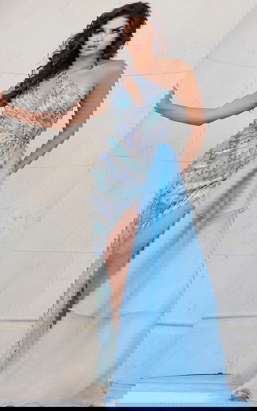 Front view of Jovani 39055 blue gown showing asymmetrical neckline and high slit.