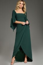 Main image of model wearing Jovani 39082 green dress with a square neckline, front view