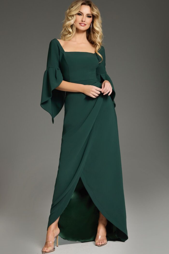 Main image of model wearing Jovani 39082 green dress with a square neckline, front view