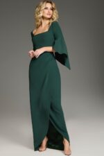 Model in Jovani 39082 green dress exhibiting A-line silhouette, front view