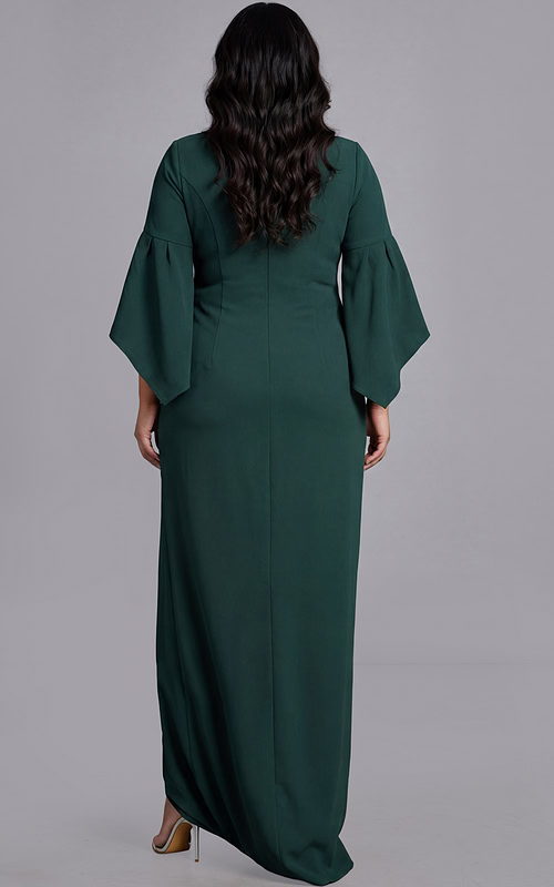 Back view of plus size gown with long skirt and flounce sleeves