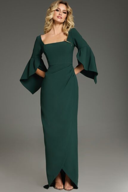 Model wearing Jovani 39082 elegant green dress with bell sleeves, front view