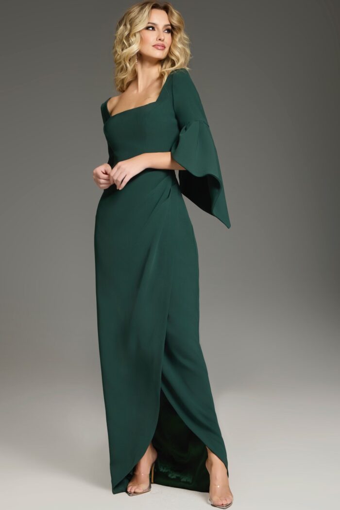 Model in Jovani 39082 green dress exhibiting A-line silhouette, front view