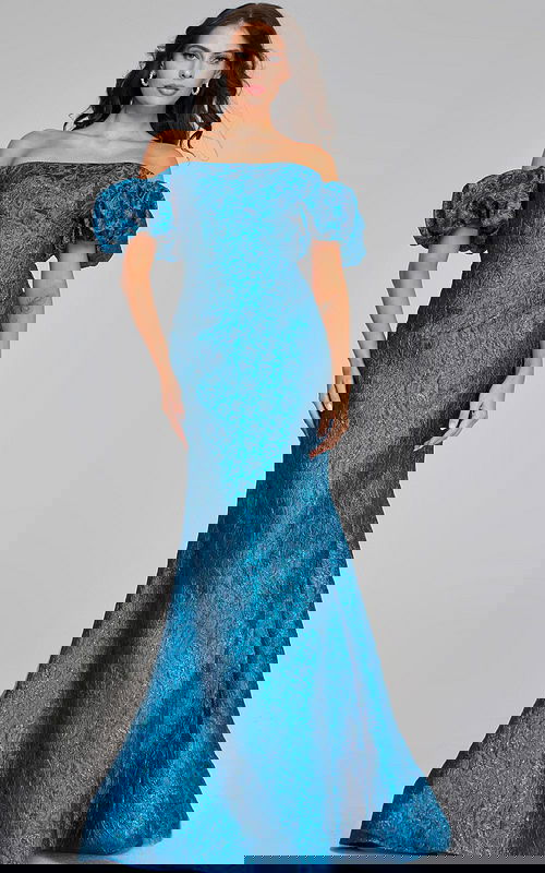 Model wearing Jovani 39113, an off-the-shoulder teal dress with puffed sleeves and a fitted design.