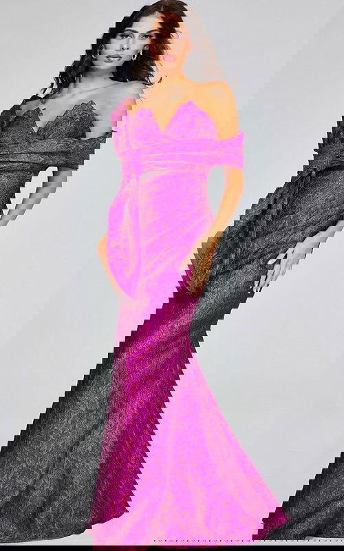 Model wearing Jovani 39114 fuchsia mermaid gown, front view.