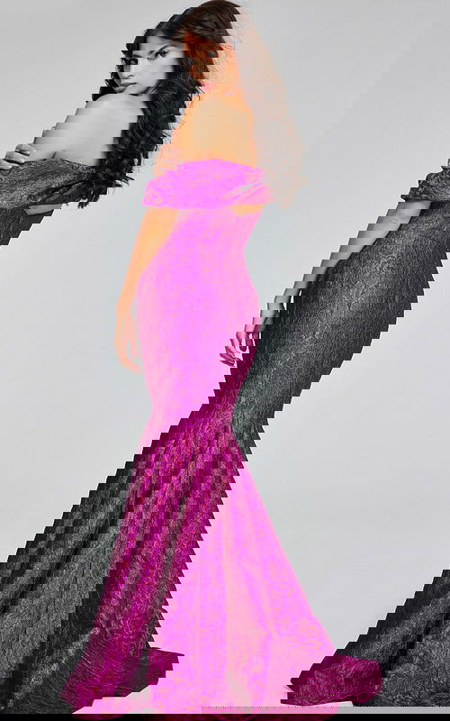 Side-back view of model in Jovani 39114 fuchsia gown.