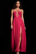 model in Jovani 39139 fuchsia gown, full-length view with criss-cross halter
